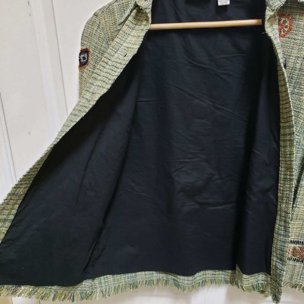 Chico's Green Multi Plaid Silk Blend Embroidered Beaded Fringe Tweed Blazer Sz S - Picture 10 of 14